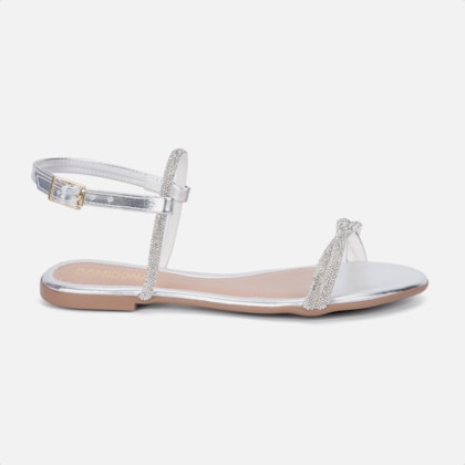 Sandália Rasteira Feminina Prata Tiras Cruzadas De Strass