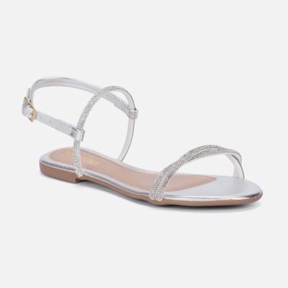 Segunda imagem do produto Sandália Rasteira Feminina Prata Tiras Cruzadas De Strass