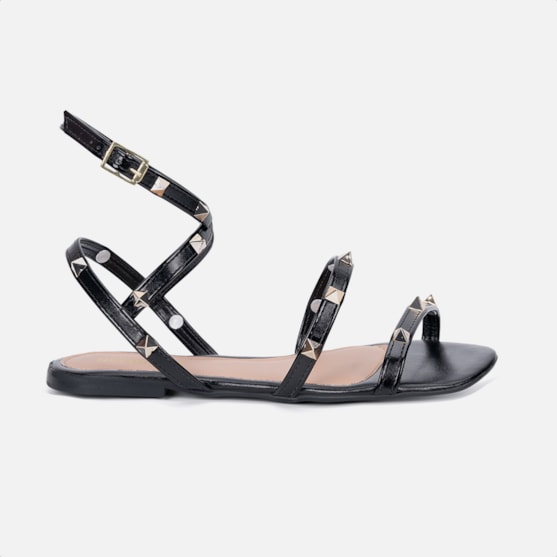 Sandália Rasteira Feminina Preta Tiras Com Spikes E Fivela