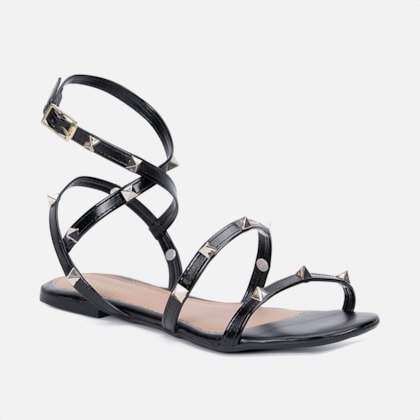 Segunda imagem do produto Sandália Rasteira Feminina Preta Tiras Com Spikes E Fivela