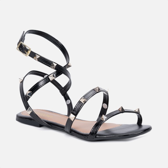 Segunda imagem do produto Sandália Rasteira Feminina Preta Tiras Com Spikes E Fivela