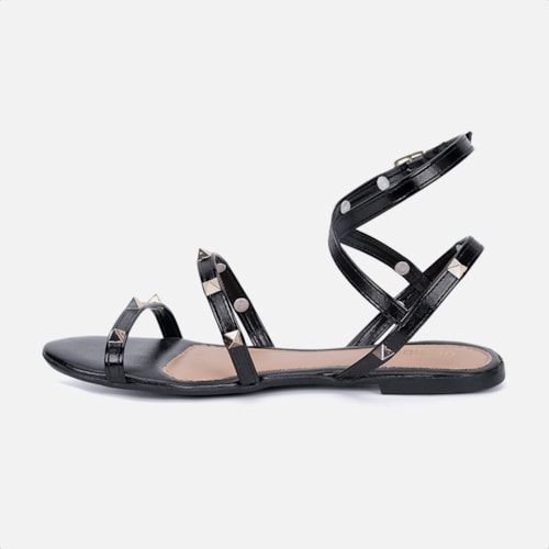 Sandália Rasteira Feminina Preta Tiras Com Spikes E Fivela