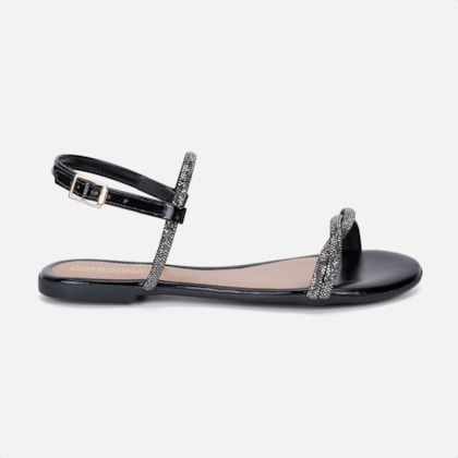 Sandália Rasteira Feminina Preta Tiras Cruzadas De Strass