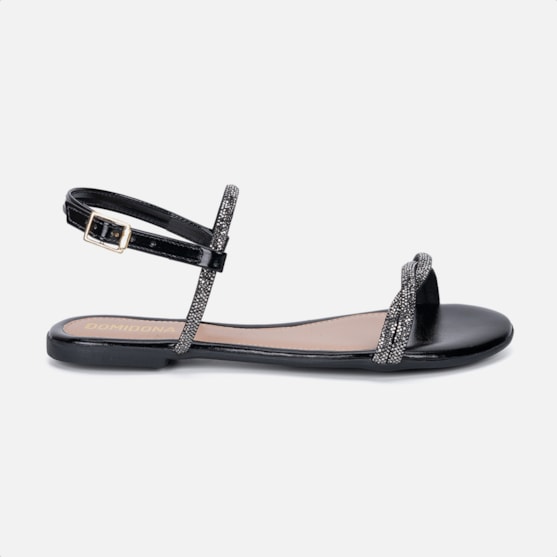 Sandália Rasteira Feminina Preta Tiras Cruzadas De Strass