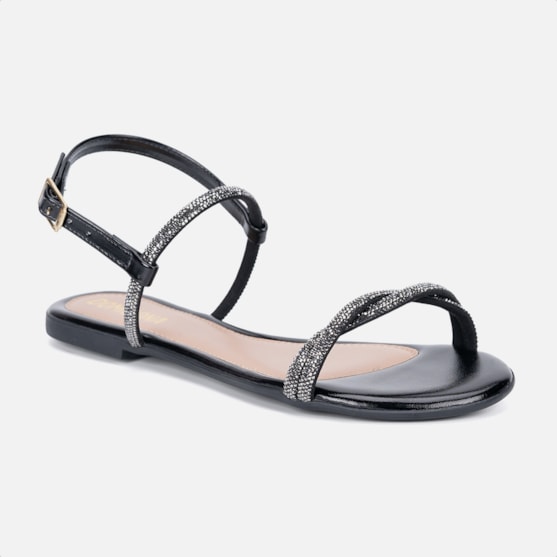 Segunda imagem do produto Sandália Rasteira Feminina Preta Tiras Cruzadas De Strass