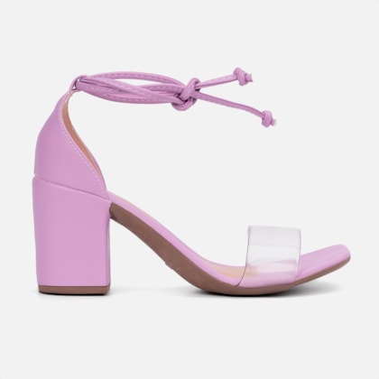 Sandália Salto Grosso Bloco Feminina Vinil Amarração Domidona Lilás
