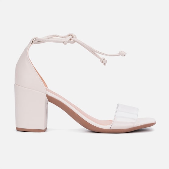 Sandália Salto Grosso Bloco Feminina Vinil Amarração Domidona Off White