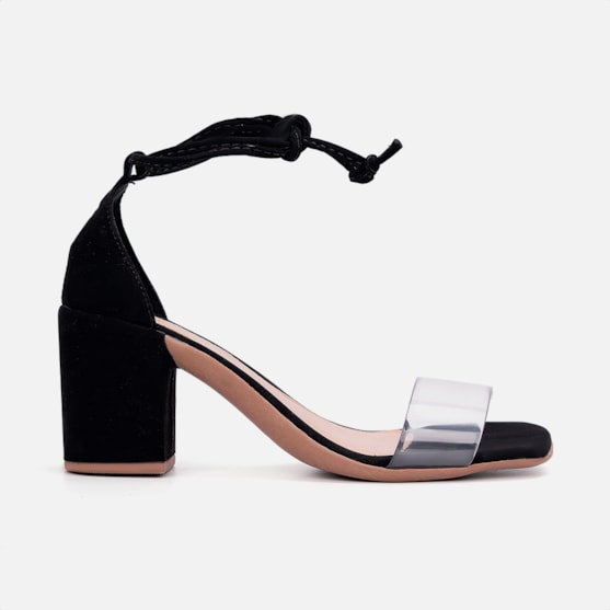 Sandália Salto Grosso Bloco Feminina Vinil Amarração Domidona Preta