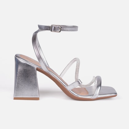 Sandália Salto Grosso Bloco Tiras Duplas De Strass Prata