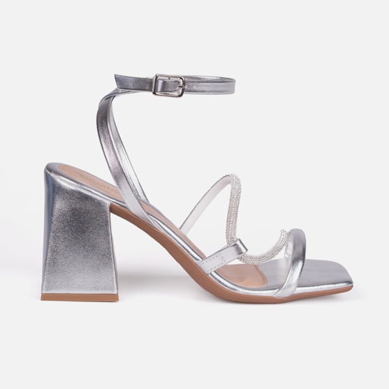 Sandália Salto Grosso Bloco Tiras Duplas De Strass Prata