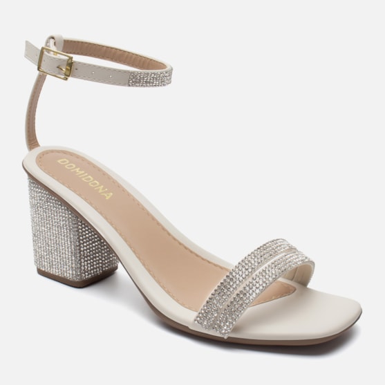 Segunda imagem do produto Sandália Salto Grosso Bloco Tiras Strass Fivela Tornozelo Off White