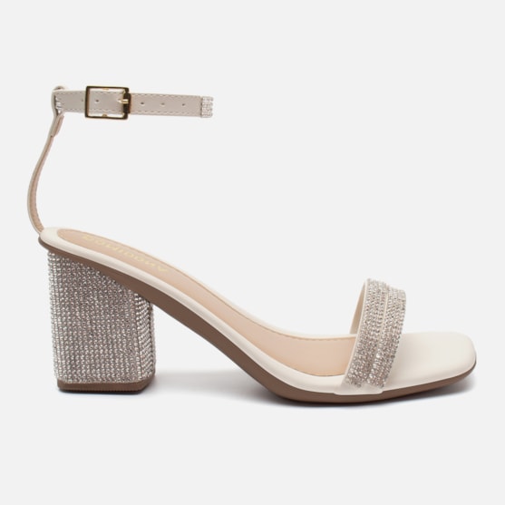 Sandália Salto Grosso Bloco Tiras Strass Fivela Tornozelo Off White