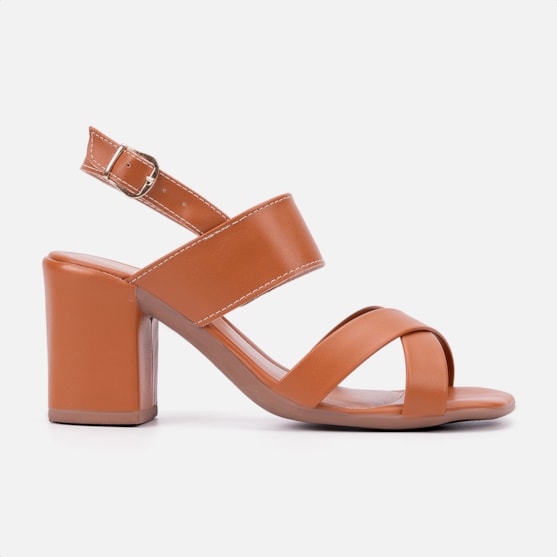 Sandália Salto Médio Grosso Tiras Cruzadas Feminina Domidona Caramelo