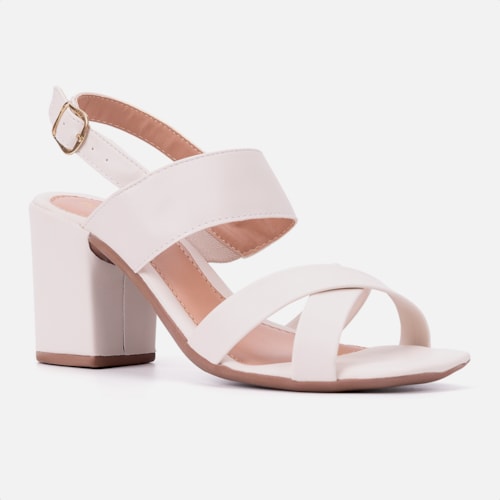 Sandália Salto Médio Grosso Tiras Cruzadas Feminina Domidona Off White