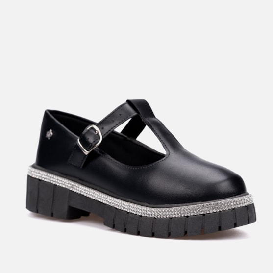 Segunda imagem do produto Sandália Sapato Feminino Mary Jane Infantil Tratorado Com Strass Preta