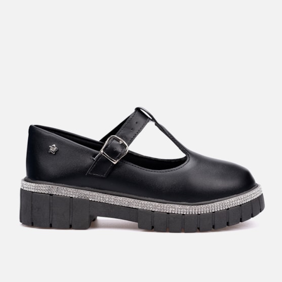 Sandália Sapato Feminino Mary Jane Infantil Tratorado Com Strass Preta