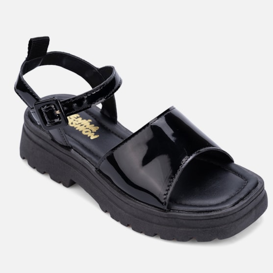 Segunda imagem do produto Sandália Tratorada Feminina Infantil Papete Verniz Bico Quadrado Preta