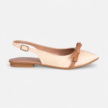 Sapatilha Bege Slingback Fivela Bico Fino Laço Delicado