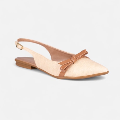 Sapatilha Bege Slingback Fivela Bico Fino Laço Delicado