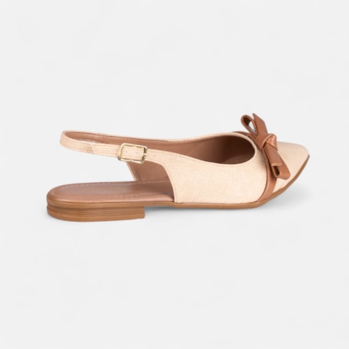 Sapatilha Bege Slingback Fivela Bico Fino Laço Delicado