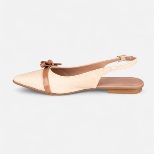 Sapatilha Bege Slingback Fivela Bico Fino Laço Delicado