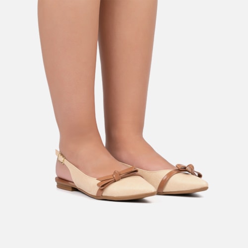 Sapatilha Bege Slingback Fivela Bico Fino Laço Delicado