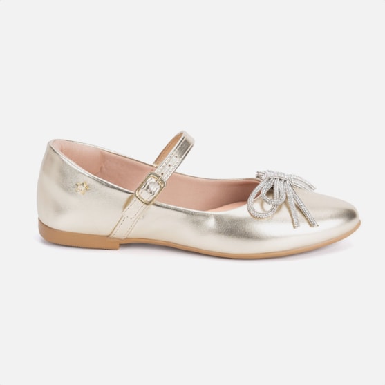 Sapatilha Dourada Menina Infantil Bico Fino E Laço De Strass