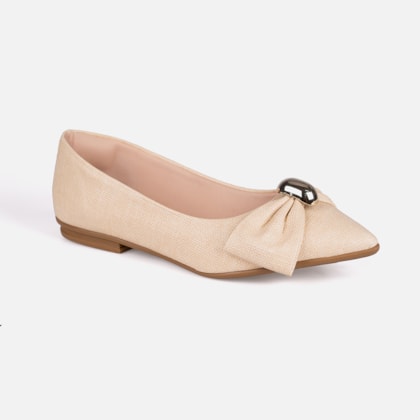 Segunda imagem do produto Sapatilha Feminina Bege Bico Fino Laço Com Aplique Oval Metalizado