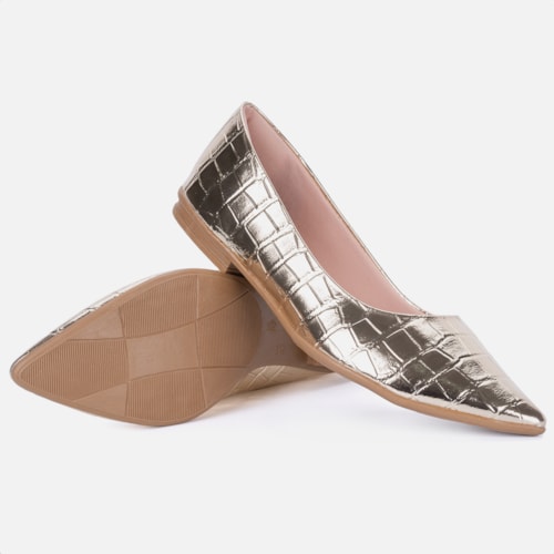 Sapatilha Feminina Bico Fino Animal Print Elegante Confortável Dourado
