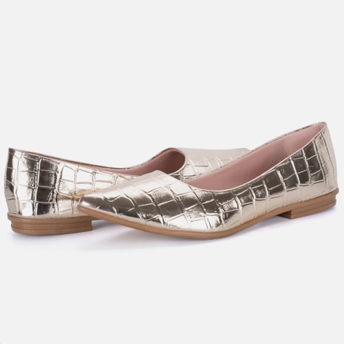 Sapatilha Feminina Bico Fino Animal Print Elegante Confortável Dourado