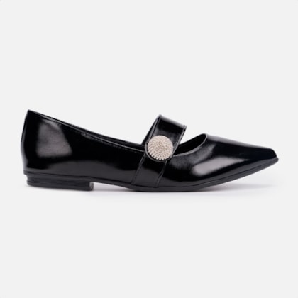 Sapatilha Feminina Bico Fino Com Tira Enfeite De Strass Brilho Preta