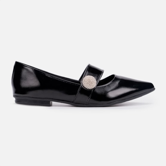 Sapatilha Feminina Bico Fino Com Tira Enfeite De Strass Brilho Preta