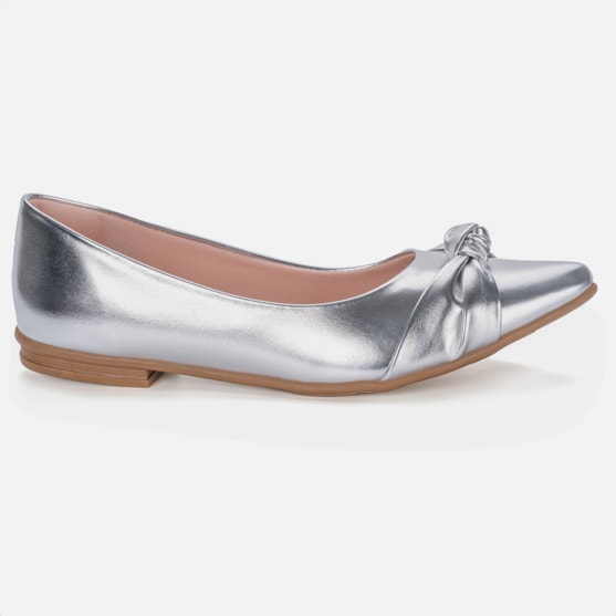 Sapatilha Feminina Bico Fino Detalhe Laço Elegante Da Moda Prata