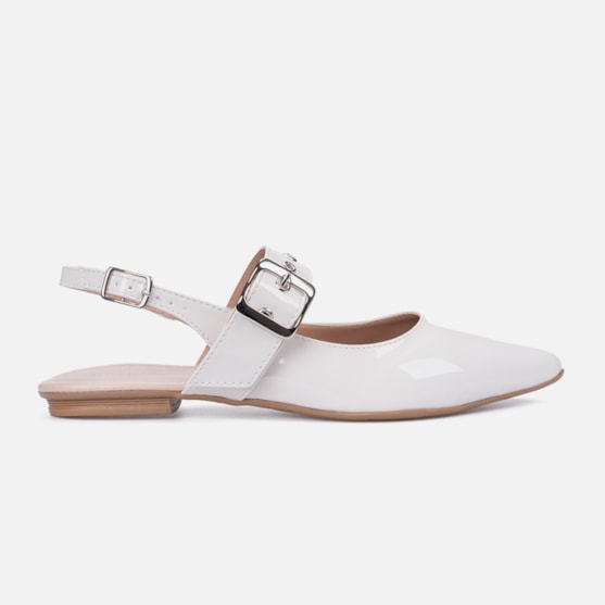 Sapatilha Feminina Bico Fino Em Verniz Tira Calcanhar Fivela Off White