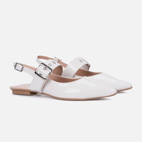 Sapatilha Feminina Bico Fino Em Verniz Tira Calcanhar Fivela Off White