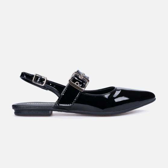 Sapatilha Feminina Bico Fino Em Verniz Tira Calcanhar Fivela Preto