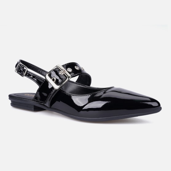 Segunda imagem do produto Sapatilha Feminina Bico Fino Em Verniz Tira Calcanhar Fivela Preto