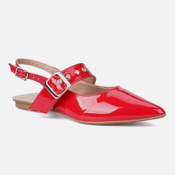 Segunda imagem do produto Sapatilha Feminina Bico Fino Em Verniz Tira Calcanhar Fivela Vermelho