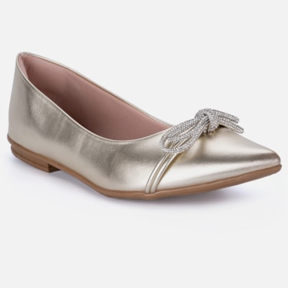 Segunda imagem do produto Sapatilha Feminina Bico Fino Laço Strass Elegante Dourada