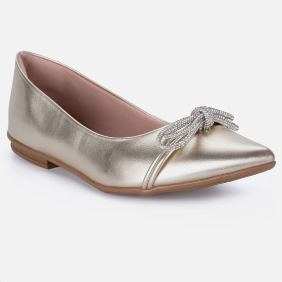 Segunda imagem do produto Sapatilha Feminina Bico Fino Laço Strass Elegante Dourada