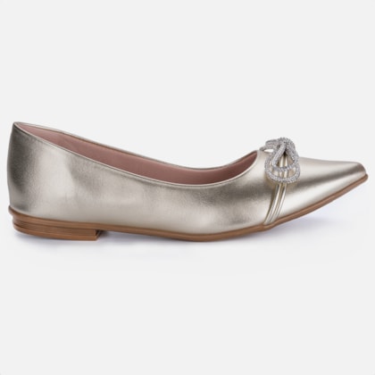 Sapatilha Feminina Bico Fino Laço Strass Elegante Dourada