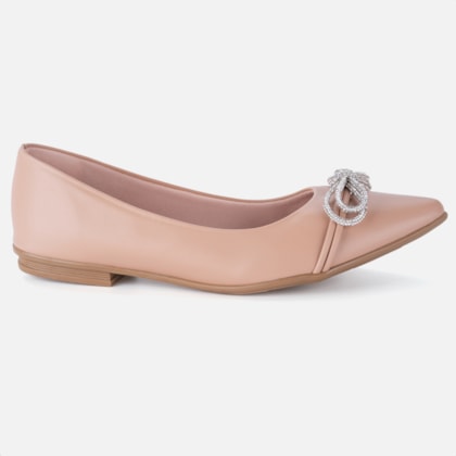 Sapatilha Feminina Bico Fino Laço Strass Elegante Nude