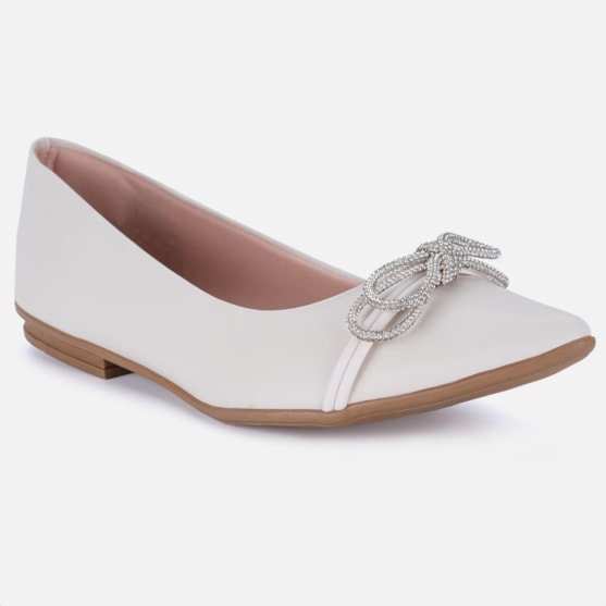 Segunda imagem do produto Sapatilha Feminina Bico Fino Laço Strass Elegante Off White