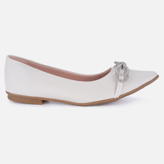 Sapatilha Feminina Bico Fino Laço Strass Elegante Off White