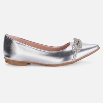 Sapatilha Feminina Bico Fino Laço Strass Elegante Prata