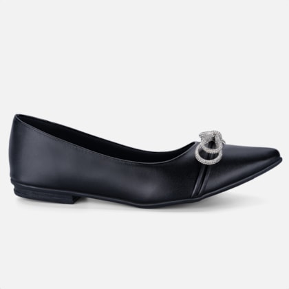 Sapatilha Feminina Bico Fino Laço Strass Elegante Preta