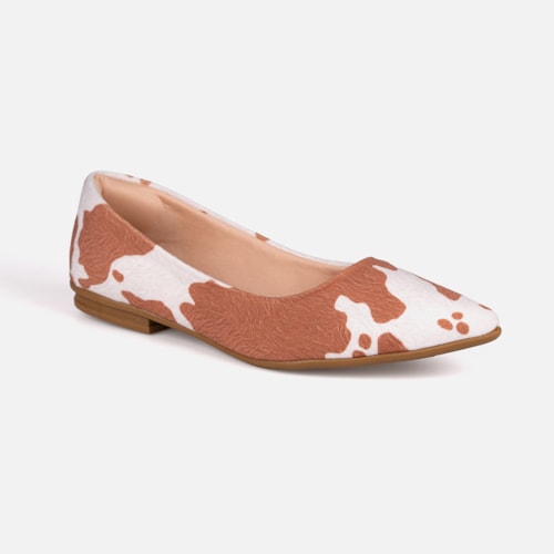 Sapatilha Feminina Camurça Animal Print Vaca Caramelo Bico Fino
