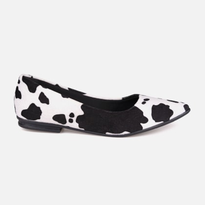 Sapatilha Feminina Camurça Animal Print Vaca Preta Bico Fino