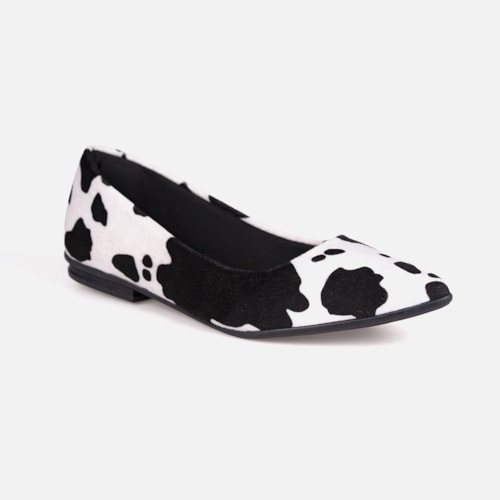Sapatilha Feminina Camurça Animal Print Vaca Preta Bico Fino