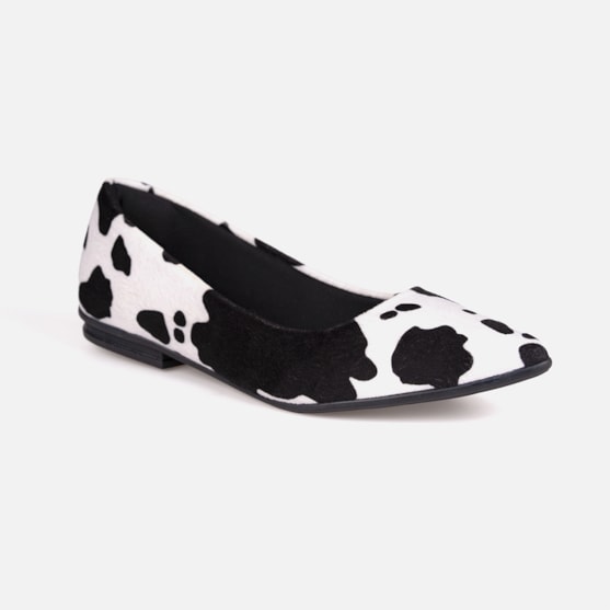 Segunda imagem do produto Sapatilha Feminina Camurça Animal Print Vaca Preta Bico Fino